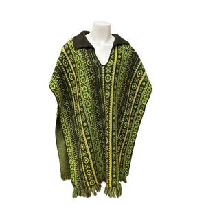 Vintage 1960s Green Geometric Stripe Acrylic Knit Poncho Fringe Cape Sweater -